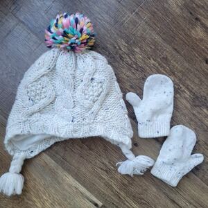 Carters White Speckled Knit Hat/Mittens Set 12-24 Month Tassel Pom Pom Baby Girl